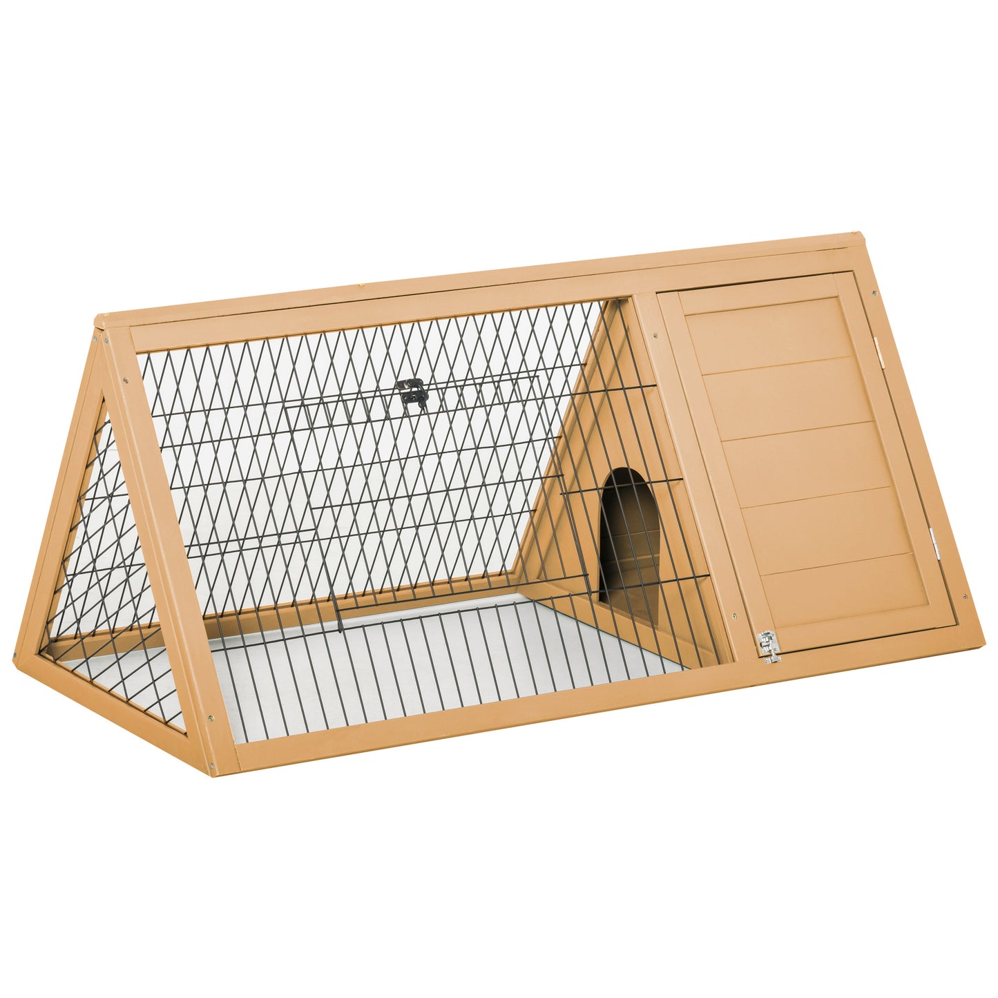 PawHut Wooden Rabbit Hutch Triangle Bunny Ferret Cage Guinea Pig Run Small Animal Hutch Yellow 116 x 62.2 x 52.5 cm