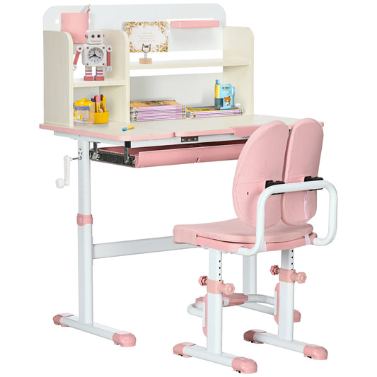 HOMCOM ids Desk and Chair Set, with Storage Shelves, Washable Cover, for Ages 3-12 Years - Pink