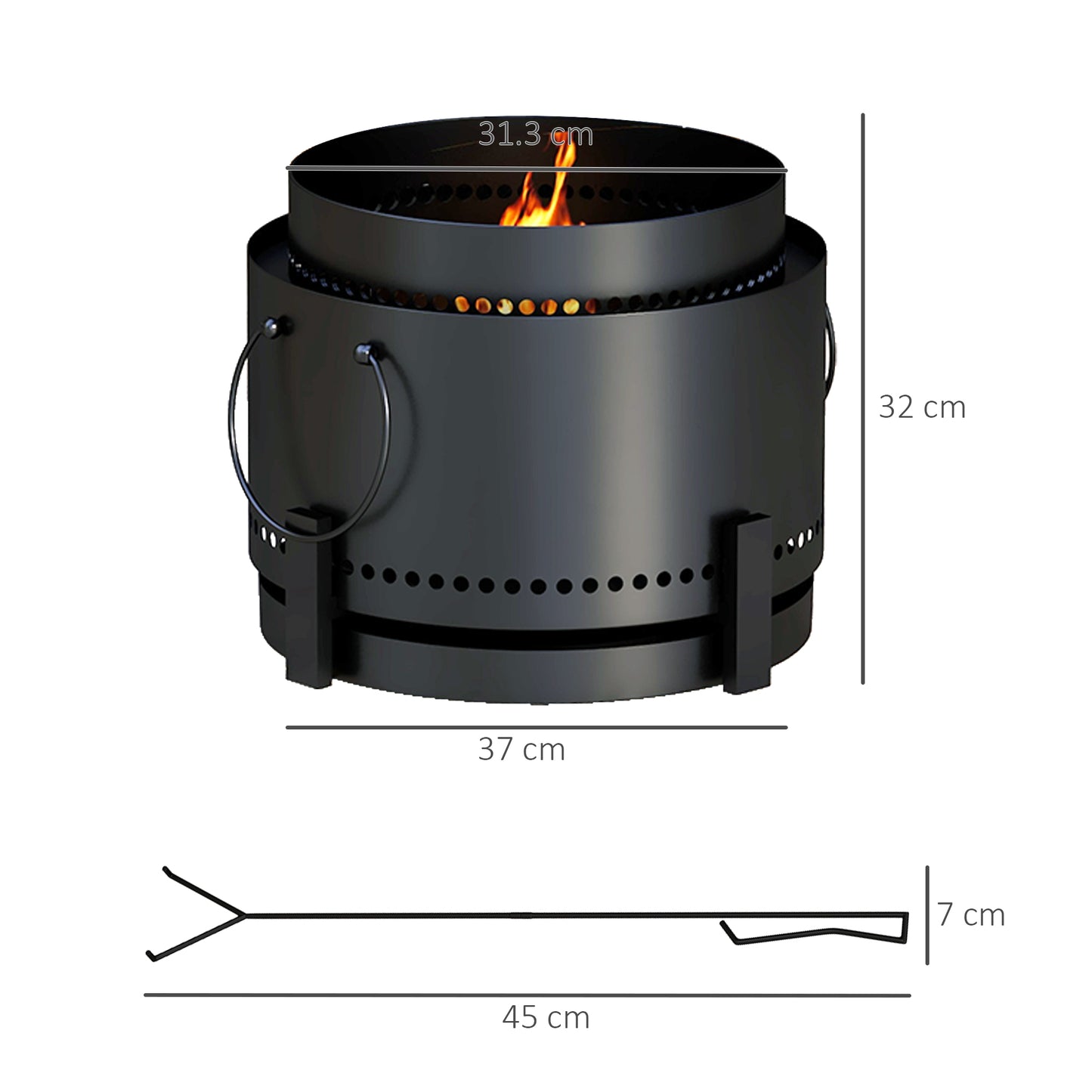 Outsunny Smokeless Fire Pit with Ash Catcher, 37cm Portable Wood Burning Firepit with Poker for Garden Camping Bonfire Party, Metal, Black