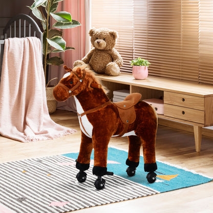 HOMCOM lush Walking Horse Ride On Toy with Wheels and Realistic Sounds Rocking Horse for Girls Boys 3+ Years Old, 50cm Tall, Brown