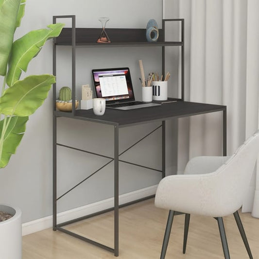 FURCO Black Wooden Laptop Desk with Integrated Shelf for Home and Office