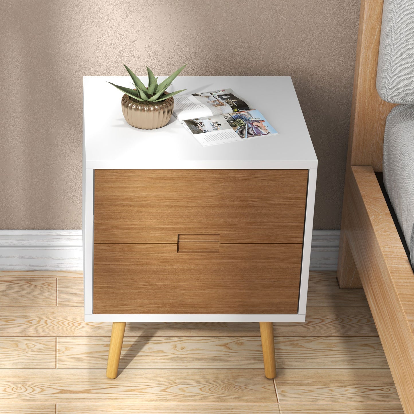 HOMCOM ood Effect Wto-Drawer Bedside Table - Brown/White