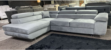 Nevada Grey LHF Velour Fabric Corner Sofabed With Ottoman Storage And Adjustable Headrests And Chrome Legs