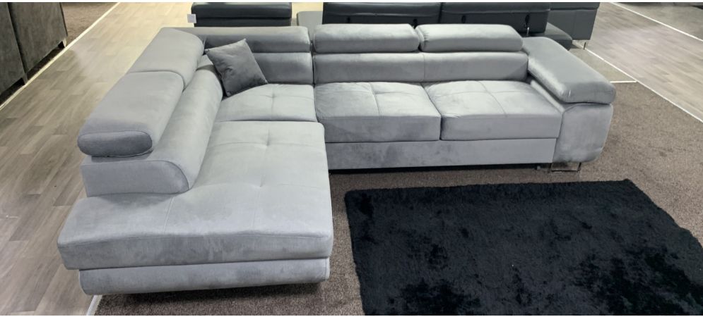 Nevada Grey LHF Velour Fabric Corner Sofabed With Ottoman Storage And Adjustable Headrests And Chrome Legs