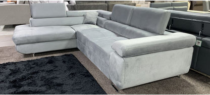 Nevada Grey LHF Velour Fabric Corner Sofabed With Ottoman Storage And Adjustable Headrests And Chrome Legs