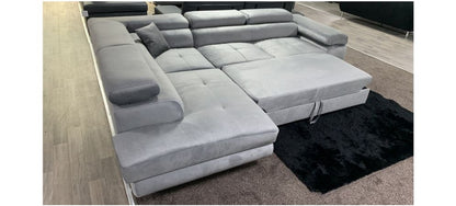 Nevada Grey LHF Velour Fabric Corner Sofabed With Ottoman Storage And Adjustable Headrests And Chrome Legs