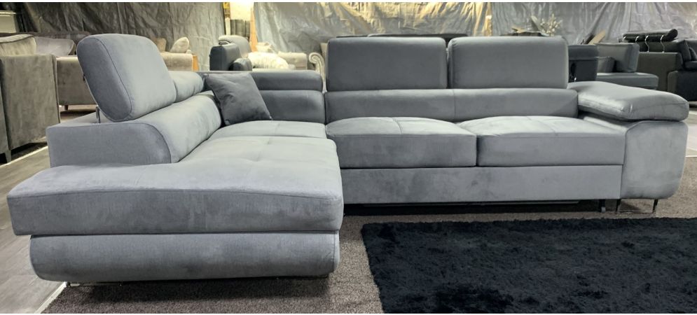 Nevada Grey LHF Velour Fabric Corner Sofabed With Ottoman Storage And Adjustable Headrests And Chrome Legs