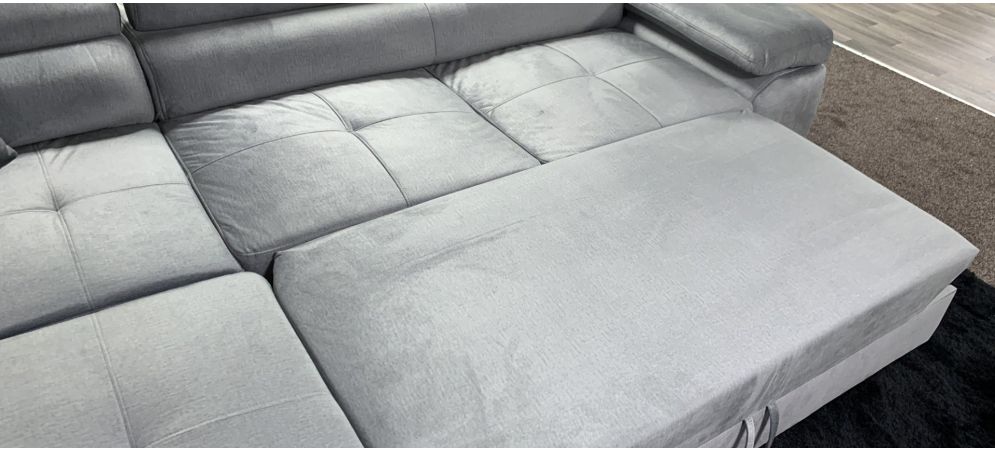 Nevada Grey LHF Velour Fabric Corner Sofabed With Ottoman Storage And Adjustable Headrests And Chrome Legs