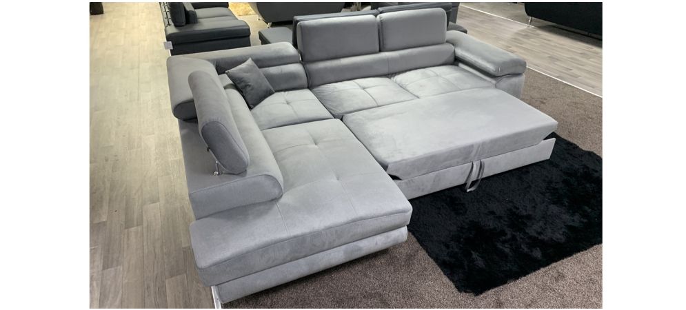 Nevada Grey LHF Velour Fabric Corner Sofabed With Ottoman Storage And Adjustable Headrests And Chrome Legs