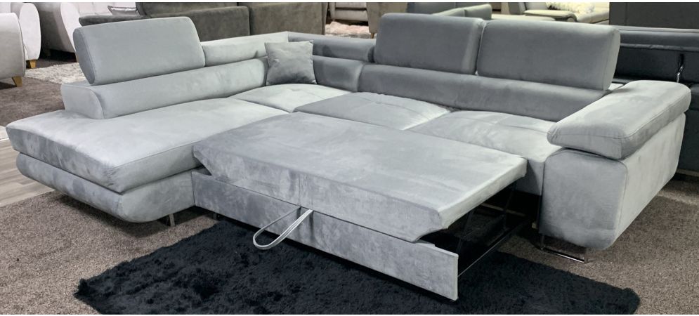 Nevada Grey LHF Velour Fabric Corner Sofabed With Ottoman Storage And Adjustable Headrests And Chrome Legs