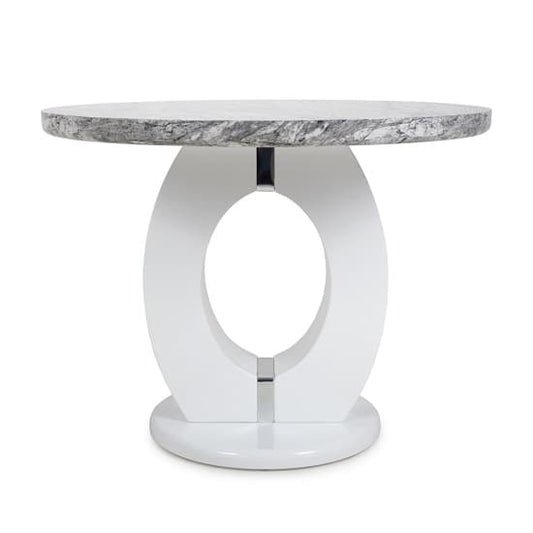 Round Marble Gloss Dining Table with White Base and Chrome Trim