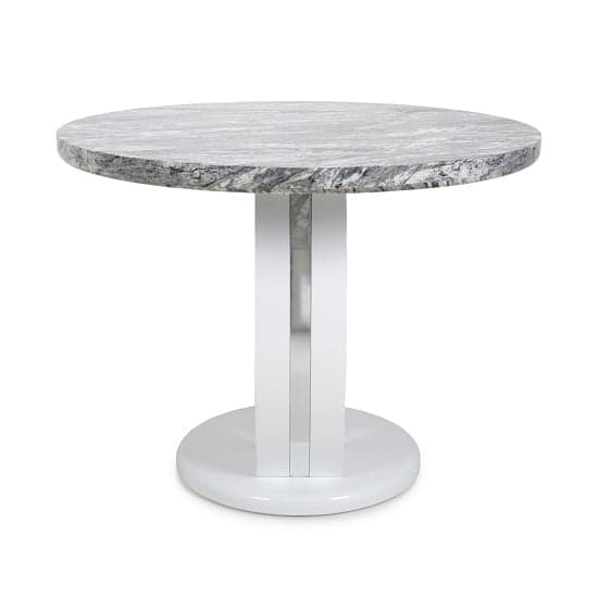 Round Marble Gloss Dining Table with White Base and Chrome Trim