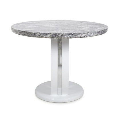 Round Marble Gloss Dining Table with White Base and Chrome Trim