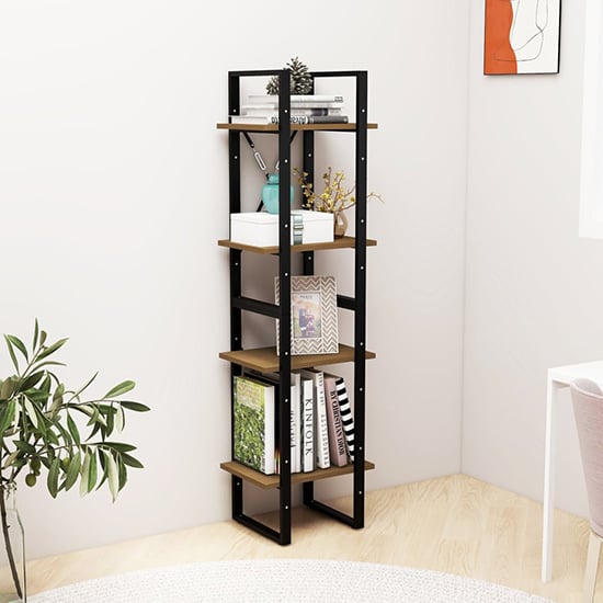 Industrial Brown Pine Wood 4-Tier Bookshelf for Home and Office Storage