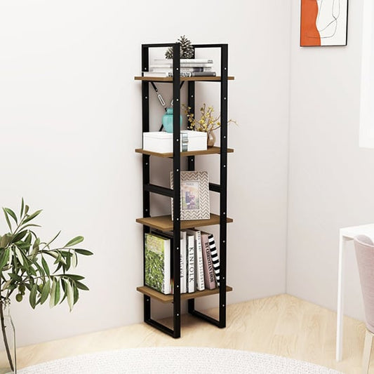 Industrial Brown Pine Wood 4-Tier Bookshelf for Home and Office Storage