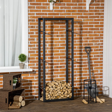 HOMCOM etal Firewood Log Holder Tall Firewood Rack Indoor Outdoor Fireplace Wood Storage Shelf, Black, 60Wx25Dx150Hcm