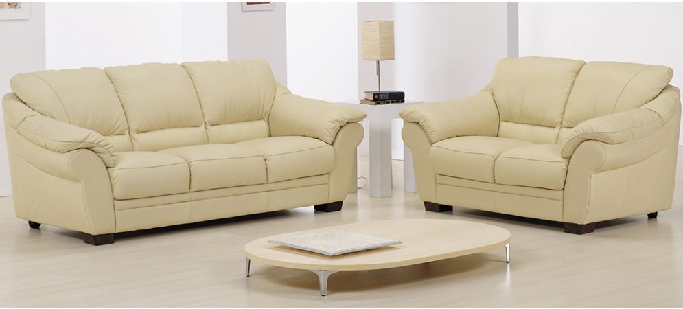 Nicole Cream Leather Sofa Set with Wooden Legs - 3+2 Configuration, 10-Year Frame & Pocket Sprung Warranty, Multiple Leather and Color Options Available