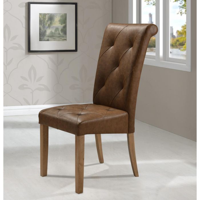 Coronado Set of 2 High-Back Dining Chairs Brown Leather Elegance in Two-Tone Light Oak