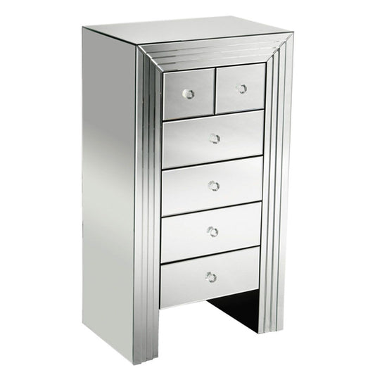 FURCO Silver Mirrored 6-Drawer Chest for Stylish Bedroom Storage