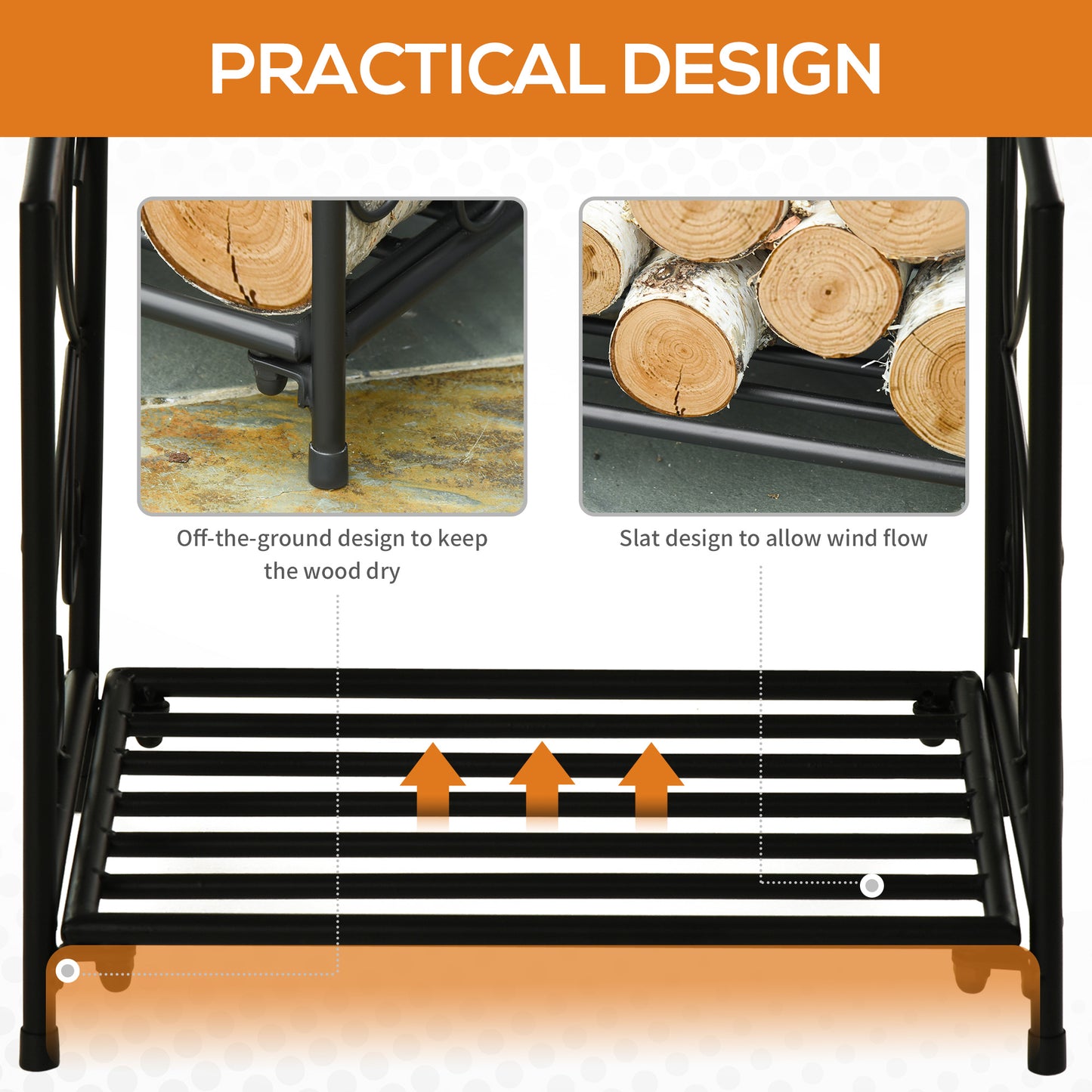 Outsunny Metal Firewood Log Holder Indoor Outdoor Firewood Rack Fireplace Wood Storage Shelf w/ Elegant Scrolls, Rust-Resistant, Black, 39.5L x 31.5W x 39.5H cm