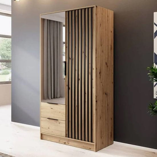 Artisan Oak Mirrored Wardrobe with 2 Hinged Doors - 105cm Storage Solution