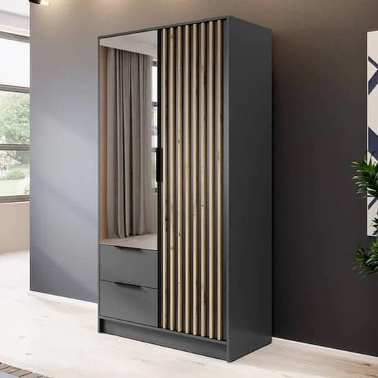 Norco 105cm Graphite Mirrored Wardrobe with Hinged Doors and Storage Solutions