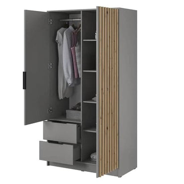 105cm Grey Mirrored Wardrobe with Hinged Doors and Storage Shelves