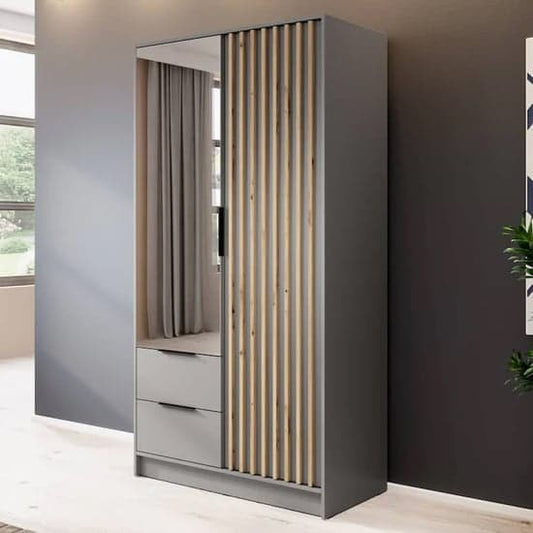 105cm Grey Mirrored Wardrobe with Hinged Doors and Storage Shelves