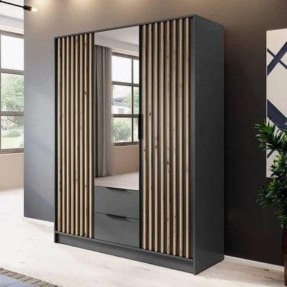 Norco Mirrored Wardrobe With Hinged 3 Doors 155cm In Graphite Grey