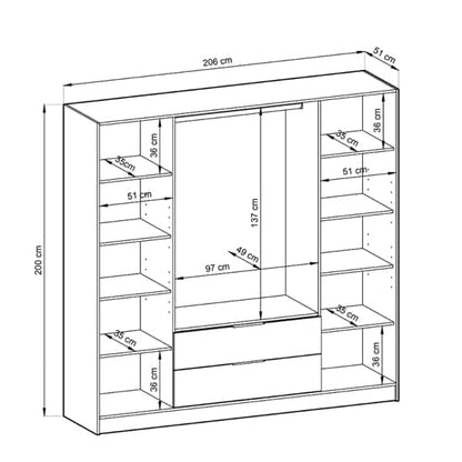 Norco Mirrored Wardrobe With Hinged 4 Doors 206cm In Graphite