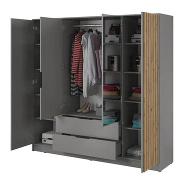 Grey 206cm Norco Mirrored Wardrobe | Hinged | Grey | Mirror, Drawers, Shelves | 4 Doors | 206cm