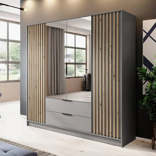 Grey 206cm Norco Mirrored Wardrobe | Hinged | Grey | Mirror, Drawers, Shelves | 4 Doors | 206cm