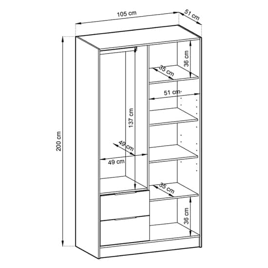 105cm Graphite Wooden Wardrobe with 2 Hinged Doors, Shelves & Drawers