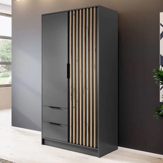 105cm Graphite Wooden Wardrobe with 2 Hinged Doors, Shelves & Drawers