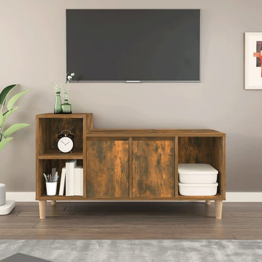 Smoked Oak Wooden TV Stand with Storage Doors for Living Room