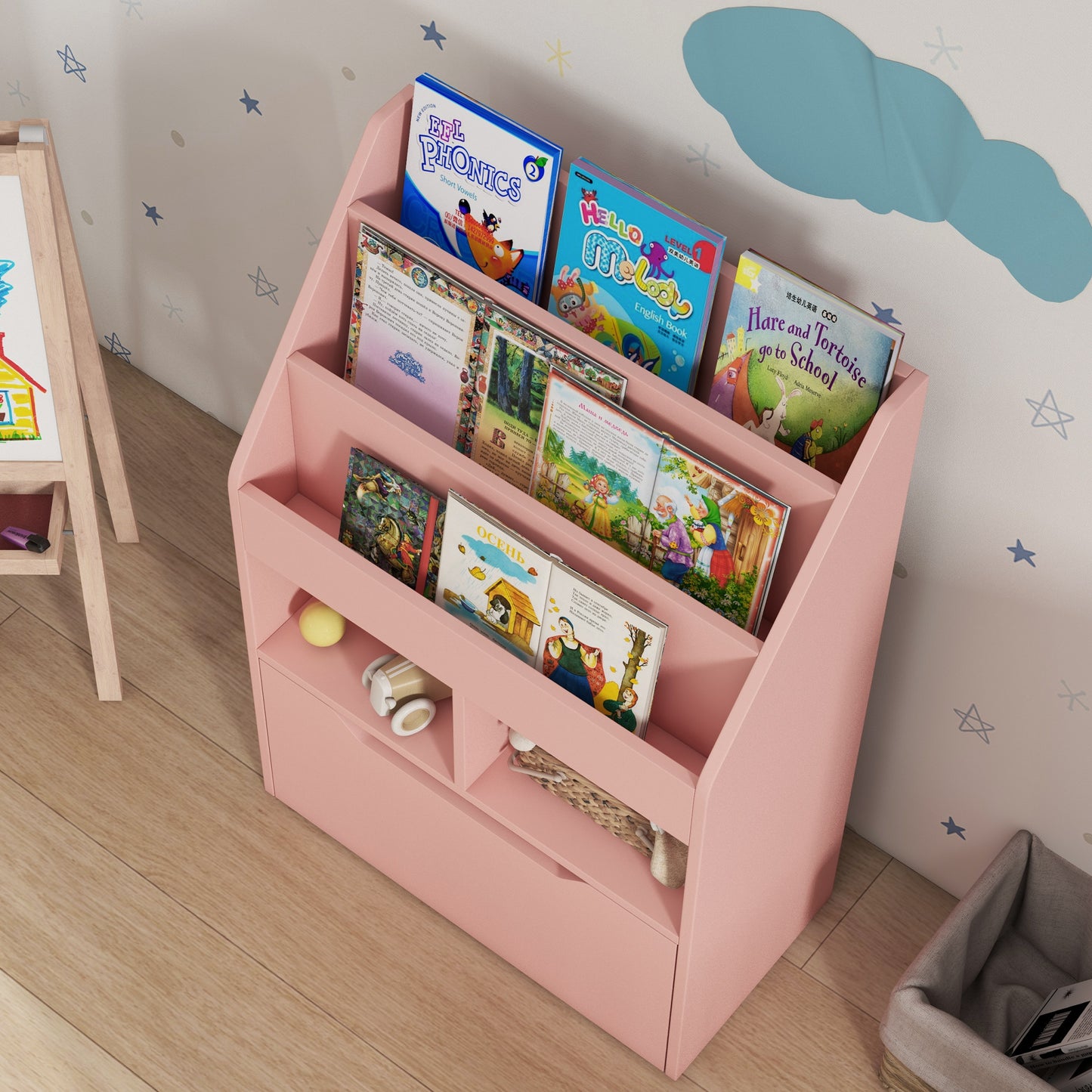 HOMCOM Kids Bookshelf, Toy Organiser, with Storage Drawer, Wheels - Pink