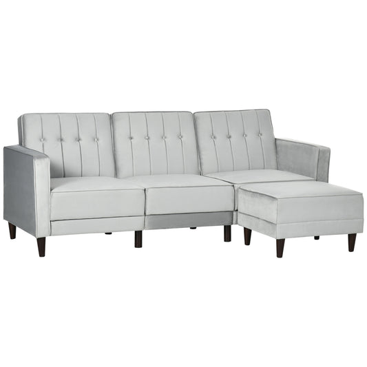 HOMCOM L Shape Sofabed with 3-Seater Sofa and Footstool, Corner Sofa Bed with Ottoman, Light Grey Velvet Fabric