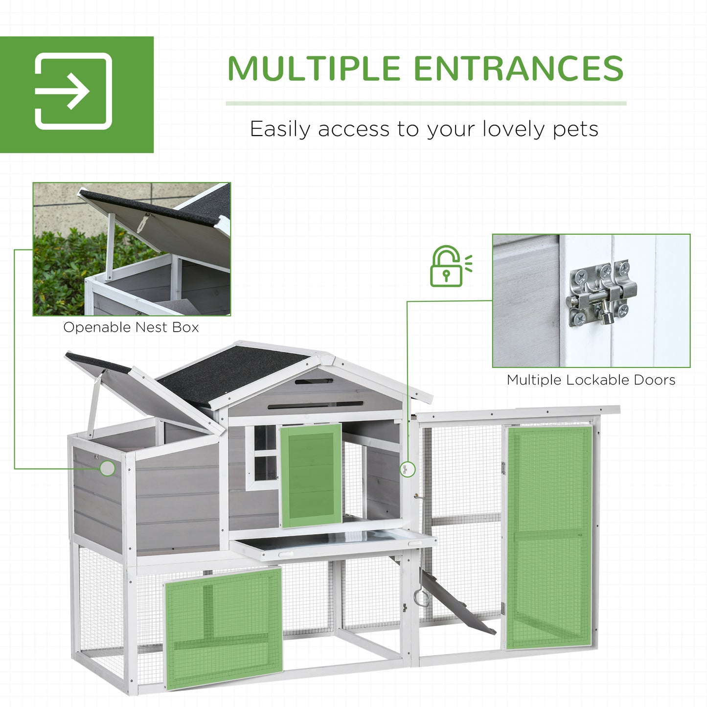 PawHut Large Chicken Coop with Run Hen House Wooden Poultry Cage w/ Nesting Box Removable Tray Outdoor 193 x 78 x 115cm