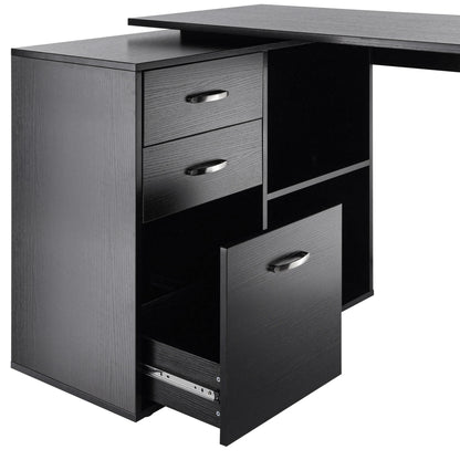 HOMCOM -Shaped Computer Desk, 2 Shaped Corner Desk with Drawers, File Cabinet and Storage Shelves, Home Office Desk, 117 x 83.5 x 76cm, Black