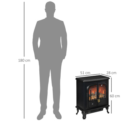 HOMCOM lectric Fireplace Stove Heater with LED Fire Flame Effect, Double Door, Freestanding & Portable with Overheat Protection, 1000W/2000W, Black