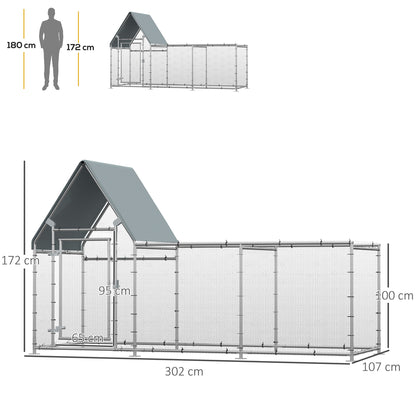 PawHut Walk In Chicken Run Chicken Coop, Large Poultry Cage Hen House for 6-8 Chickens Outdoor w/ Water-Resist Cover 302 x 107 x 172cm