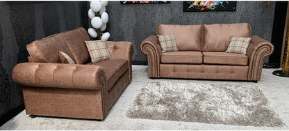 Oakland Fabric Sofa Set 3+2 Seater Brown With Studded Arms And Cushions