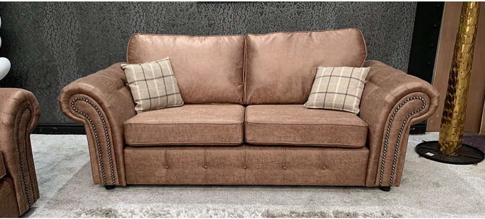 Oakland Fabric Sofa Set 3+2 Seater Brown With Studded Arms And Cushions