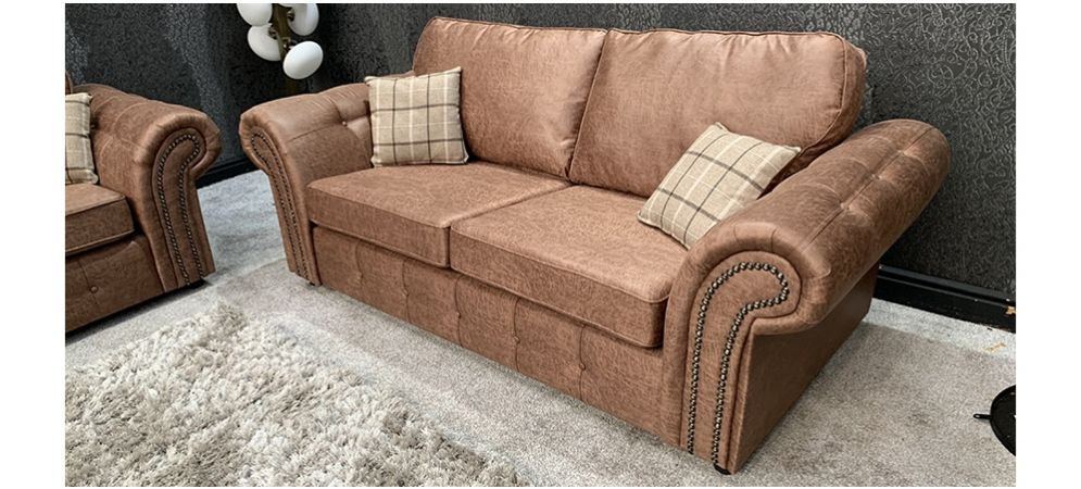 Oakland Fabric Sofa Set 3+2 Seater Brown With Studded Arms And Cushions