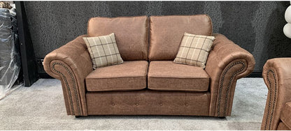 Oakland Fabric Sofa Set 3+2 Seater Brown With Studded Arms And Cushions