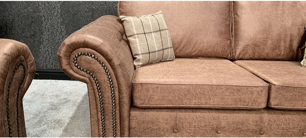 Oakland Fabric Sofa Set 3+2 Seater Brown With Studded Arms And Cushions