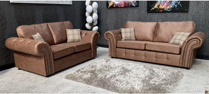 Oakland Fabric Sofa Set 3+2 Seater Brown With Studded Arms And Cushions