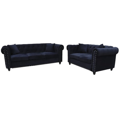 Black Plush Velvet 3+2 Seater Chesterfield Sofa Set by FURCO