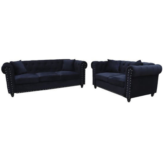 Oaxaca Plush Velvet Chesterfield 3+2 Seater Sofa Set In Black