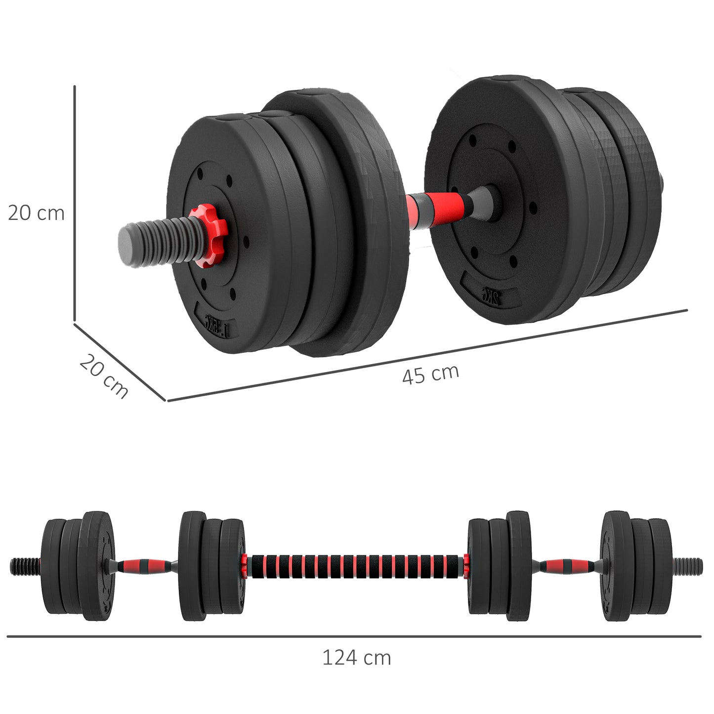 HOMCOM 0kg 2 IN 1 Adjustable Dumbbells Weight Set, Dumbbell Hand Weight Barbell for Body Fitness, Lifting Training for Home, Office, Gym, Black